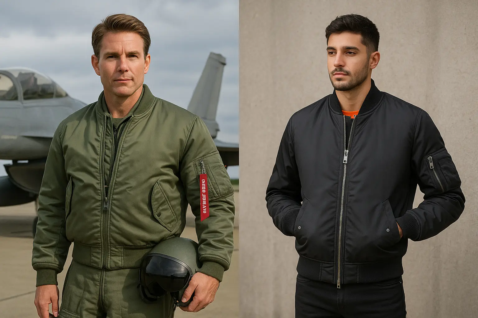 «مقایسه کاپشن خلبانی نظامی با بامبر جکت مدرن؛ خلبان آمریکایی کنار جنگنده در کنار مدل شهری با کاپشن خلبانی امروزی»